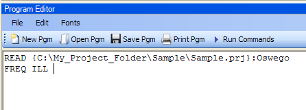 Program editor with an example of the Frequency command in use.