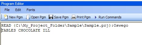 Program editor with an example of the TABLES command in use