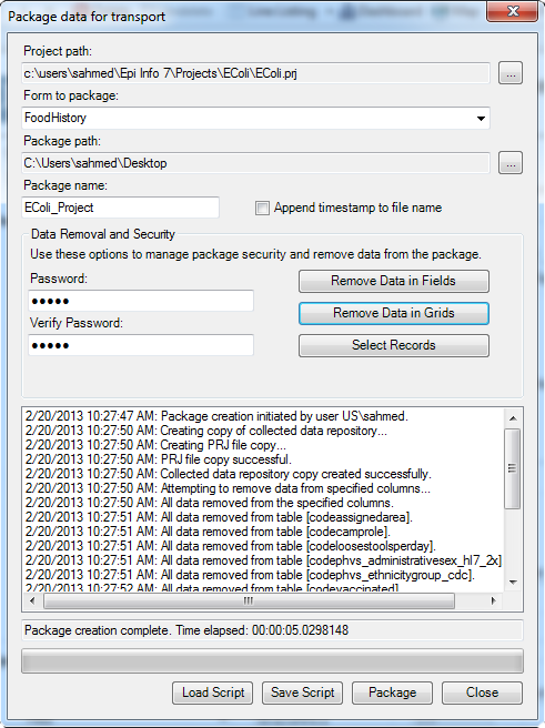 Package data for transport dialog