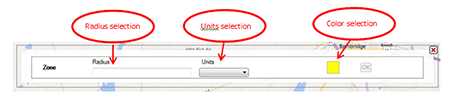 Zone radius, units, and color selections
