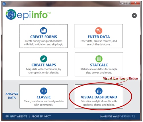 Epi Info™ 7 main menu, with Visual Dashboard button