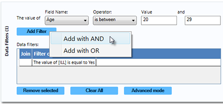 Data Filter Gadget illustrating addition of a second condition