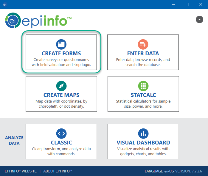 Epi Info Menu showing Form Designer Button