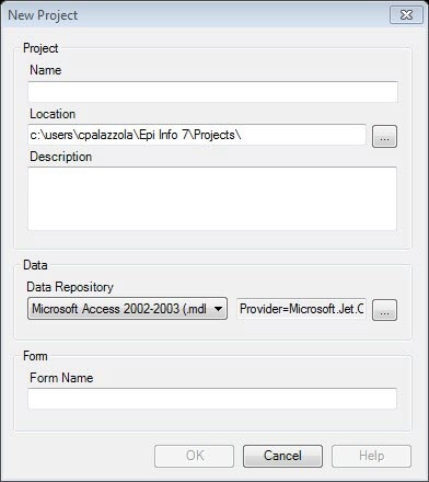 New project dialog box contains info such as project name and save location.