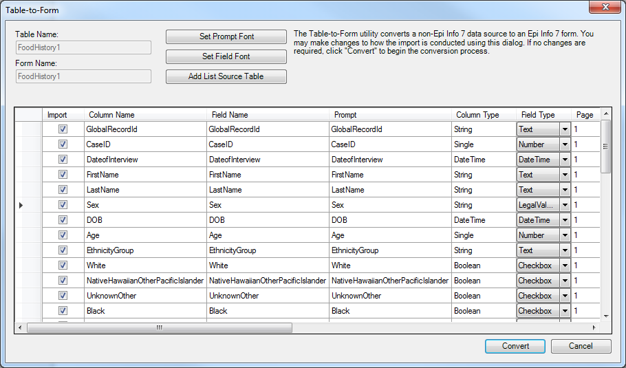 Table-To-Form dialog.