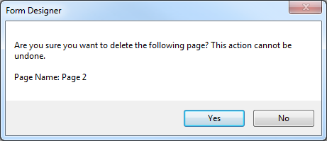 Dialog box text is Are you sure you want to delete the following page? This action cannot be undone. Followed with the page name to be deleted and buttons for a Yes or No answer.