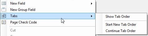 Right click the canvas to show the context menu. The Tabs item contains submenu items for Show Tab Order, Start New Tab Order, and Continue Tab Order.