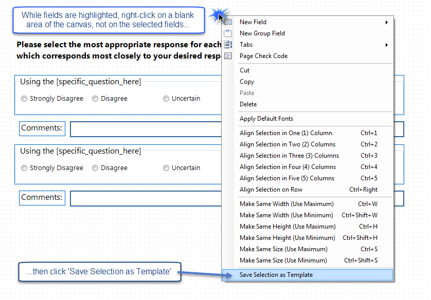 Right-click a blank area to save selection as template