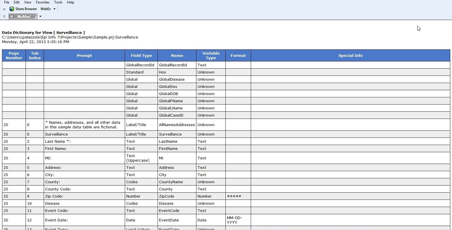 Data dictionary appears very similar in a browser when rendered as an HTML page.