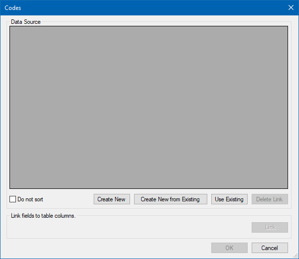 Image showing the Codes Field Data Source Dialog box.