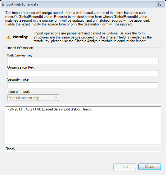 Import Web Form Data dialog box