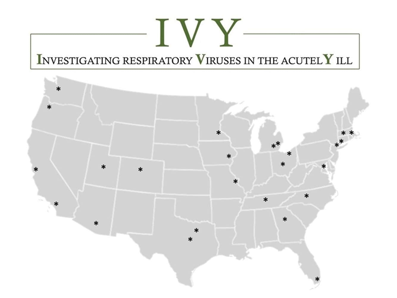 U.S. map showing the 20 participating sites of the IVY Network.