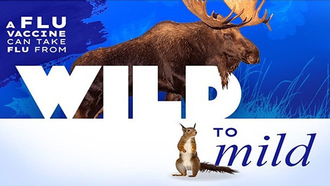 alt="A flu vaccine can take flu from wild to mild. A moose stands behind "wild" and a squirrel stands next to "mild.""