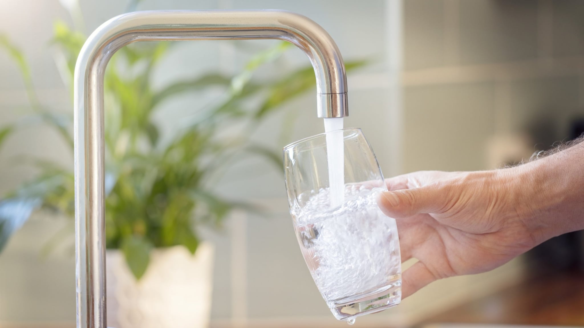 Water pouring out of a silver faucet into a clear drinking glass.