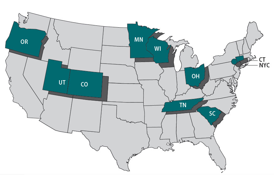 Image of map states/cities currently participate in FoodCORE