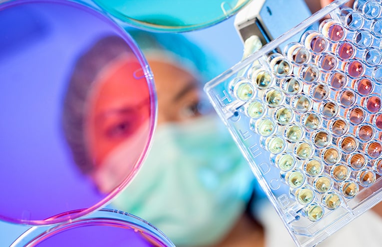 Research scientist in lab, pipetting samples into a 96-well plate.