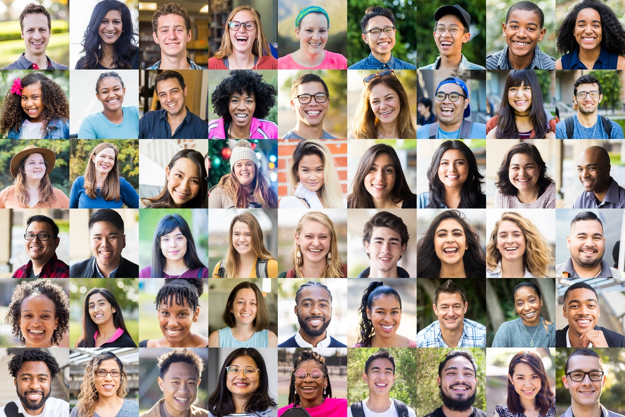 a collection of tiled photographs of people representing different ages and races and ethnicities