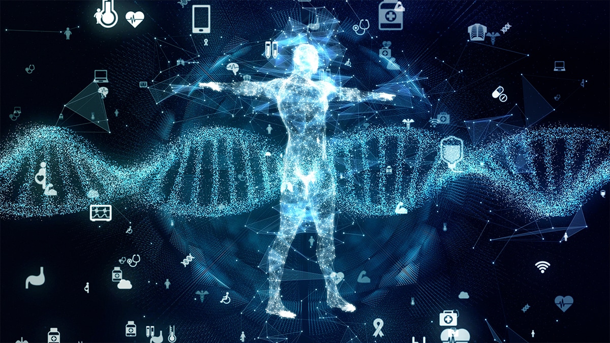 A figure and a double helix. Genetic engineering concept. DNA. Gene therapy.