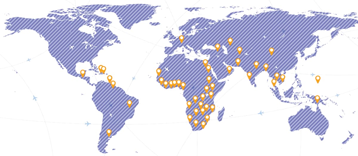 World map with pinned locations of countries where CDC has had IETA fellows.