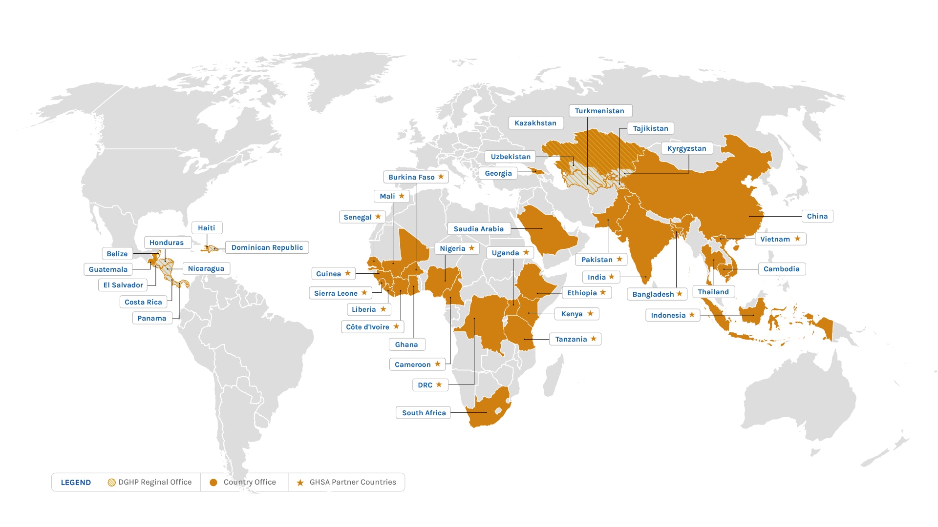 map with countries where DGHP works filled in in brown