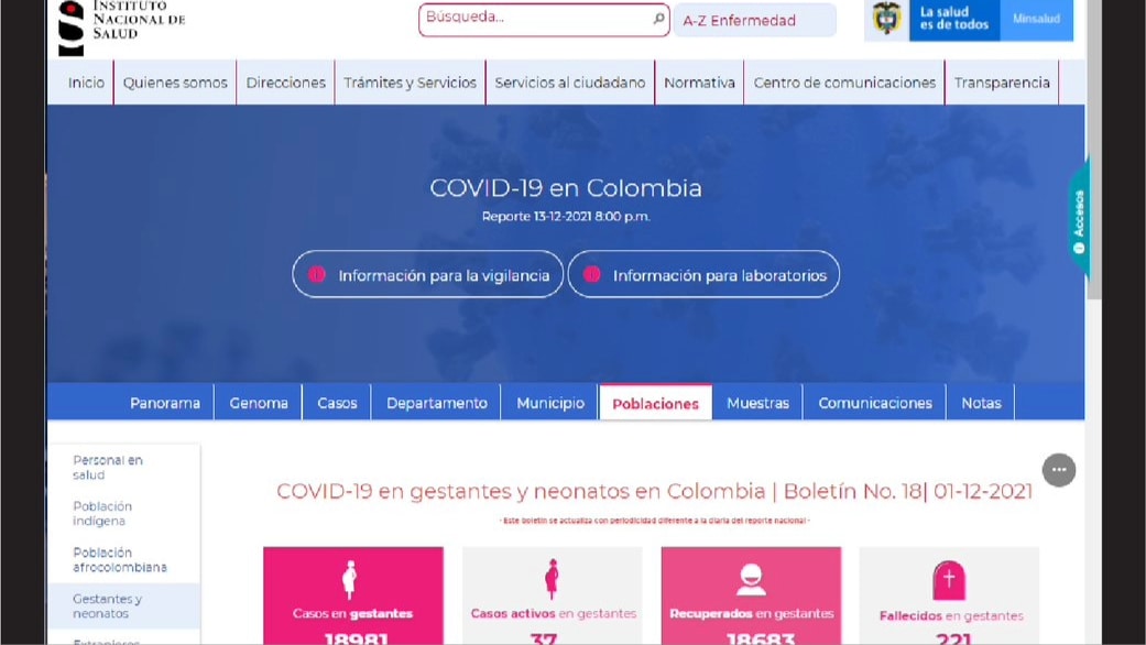 screenshot of INS bulletin on pregnant women and newborns with COVID-19 in Colombia