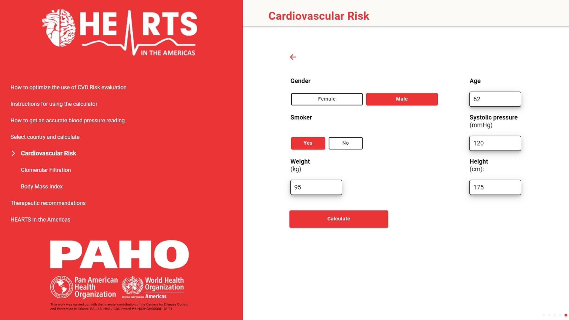 A screenshot of the PAHO cardiovascular risk calculator app