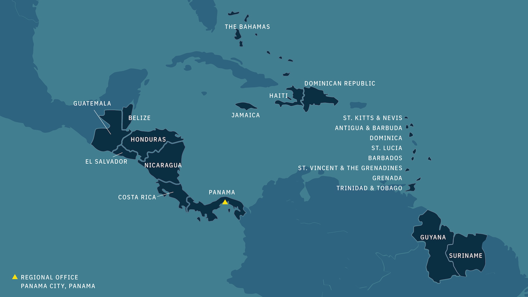 Countries included in the region: Belize, Costa Rica, El Salvador, Guatemala, Honduras, Nicaragua, Panama, Antigua and Barbuda, The Bahamas, Barbados, Dominica, Dominican Republic, Grenada, Guyana, Haiti, Jamaica, Saint Lucia, St. Kitts and Nevis, St. Vincent and the Grenadines, Suriname, Trinidad and Tobago