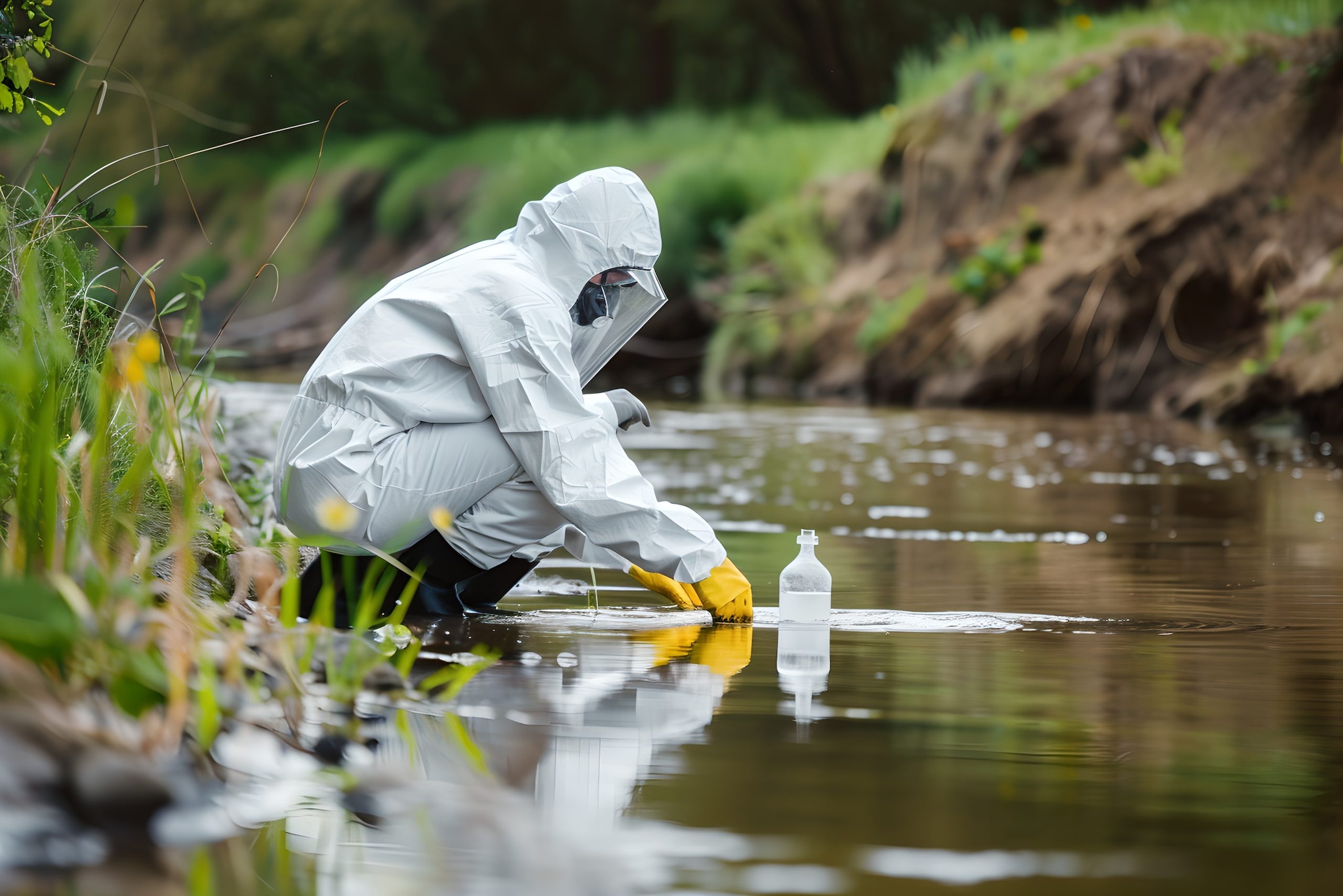 A person in white protective gear and yellow gloves fills a bottle with water.