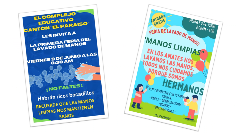 Digital flyers with text in Spanish inviting community members to wash their hands