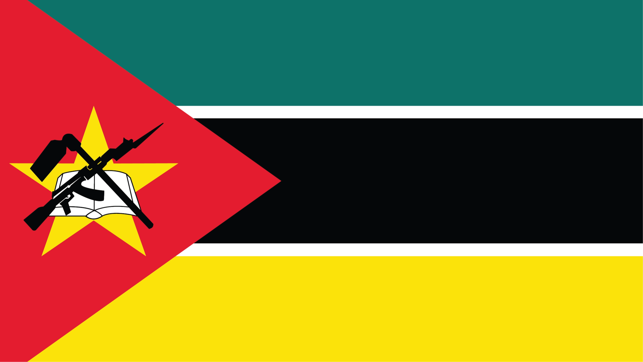 Mozambique flag is green, black, yellow stripes, red triangle, yellow five-pointed star, a crossed rifle, hoe, open book