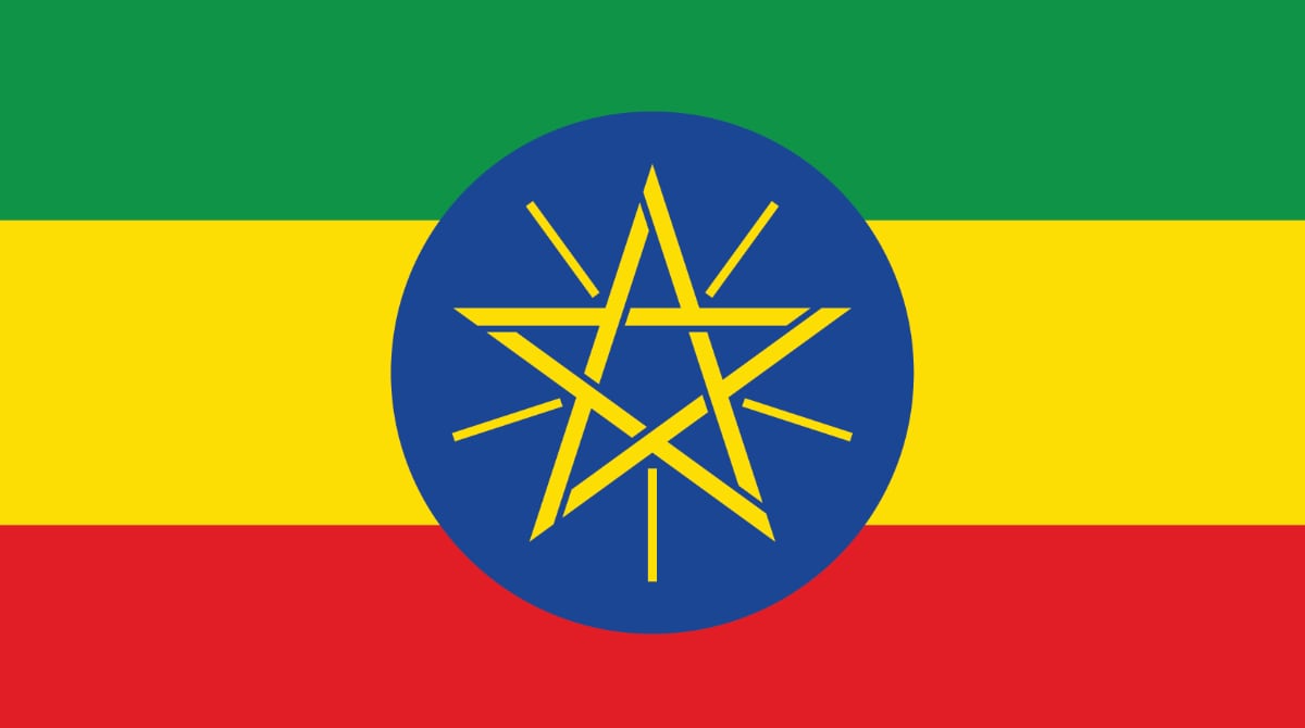 Ethiopia flag, green strip at the top, yellow strip in the middle, red strip at the bottom, blue circle in the the middle with a yellow star