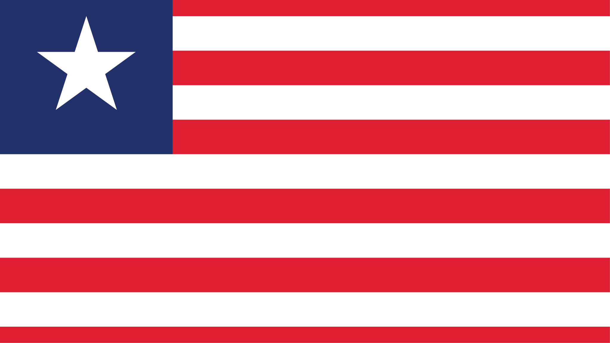 Flag of Liberia. Eleven equal horizontal stripes of red (top and bottom) alternating with white; a white five-pointed star appears on a blue square in the upper hoist-side corner.