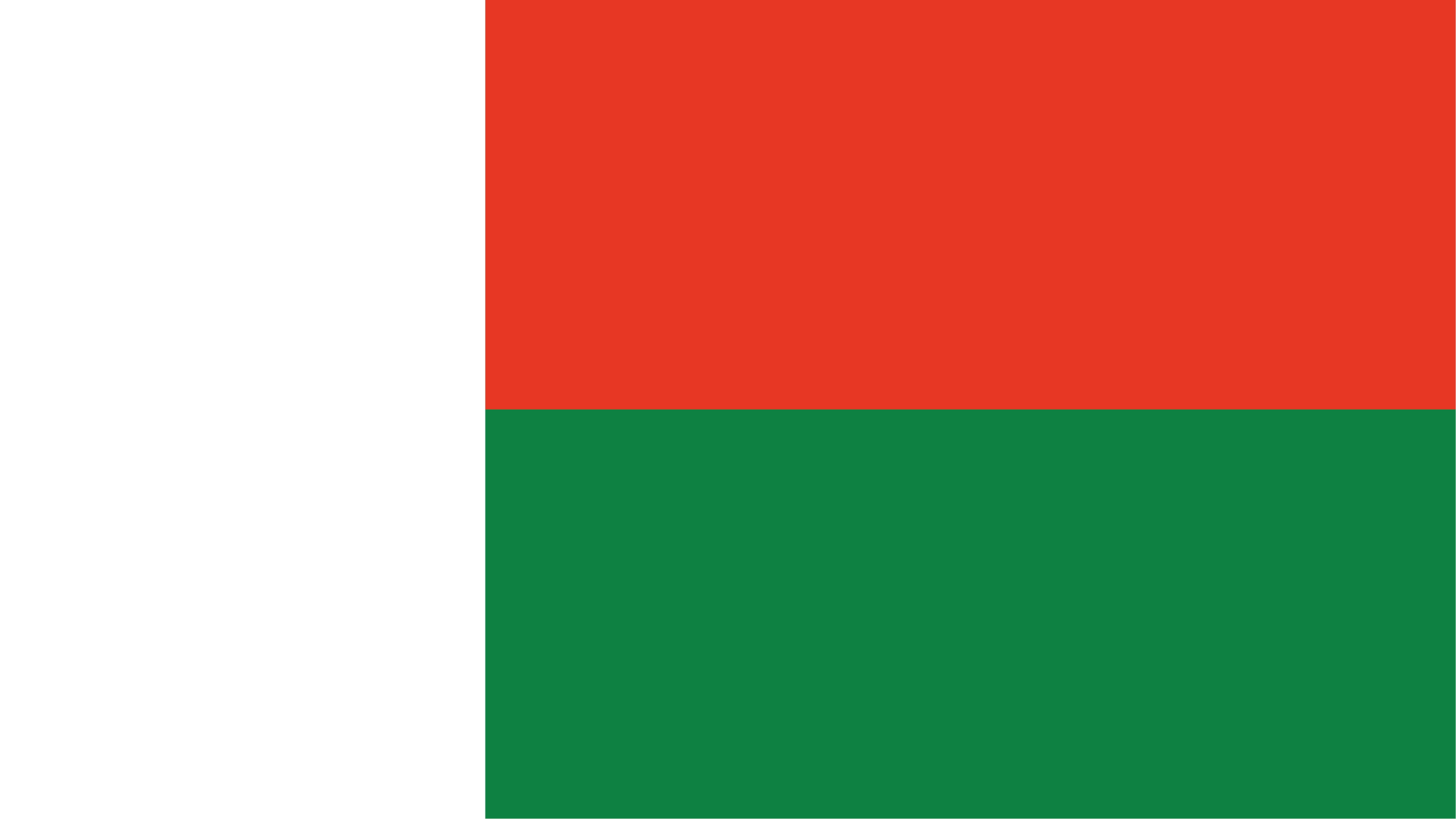 The flag of Madagascar features a vertical white band on the left, and horizontal red and green bands on the right.