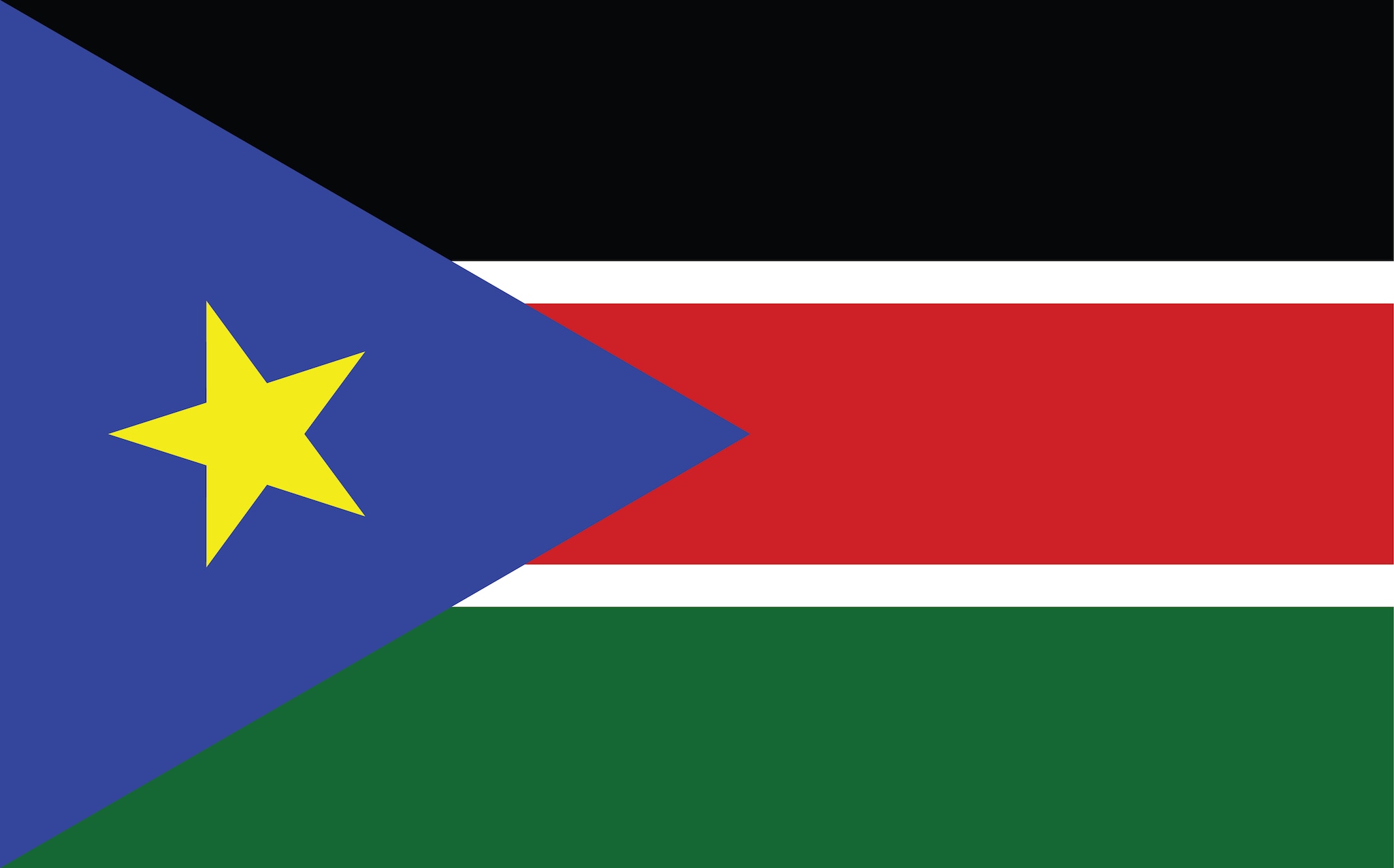 Flag of South Sudan. Three equal horizontal bands of black (top), red, and green; the red band is edged in white; a blue isosceles triangle based on the hoist side contains a gold, five-pointed star.