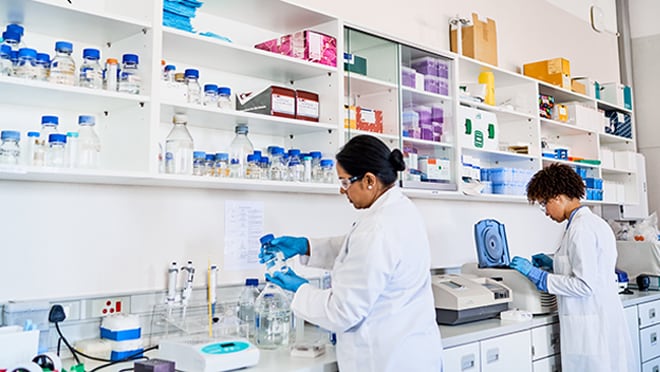 Two people in white coats and blue latex gloves work at a laboratory bench.