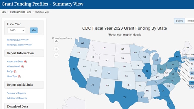 Map of the United States that contains info on grant funding for each state.