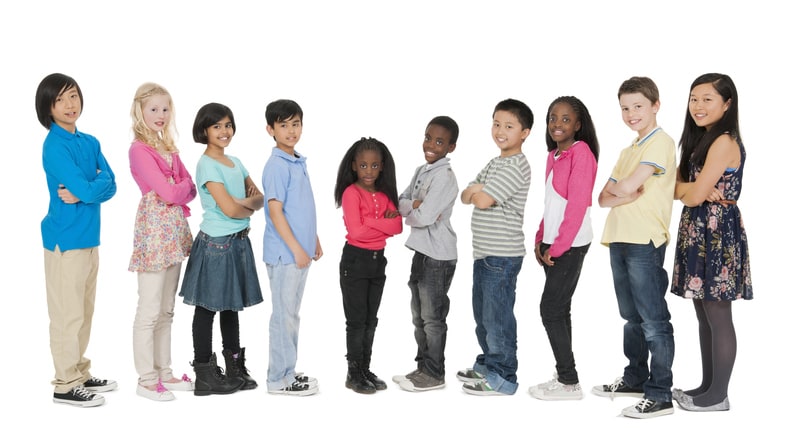 10 multiethnic children in a line on a white background