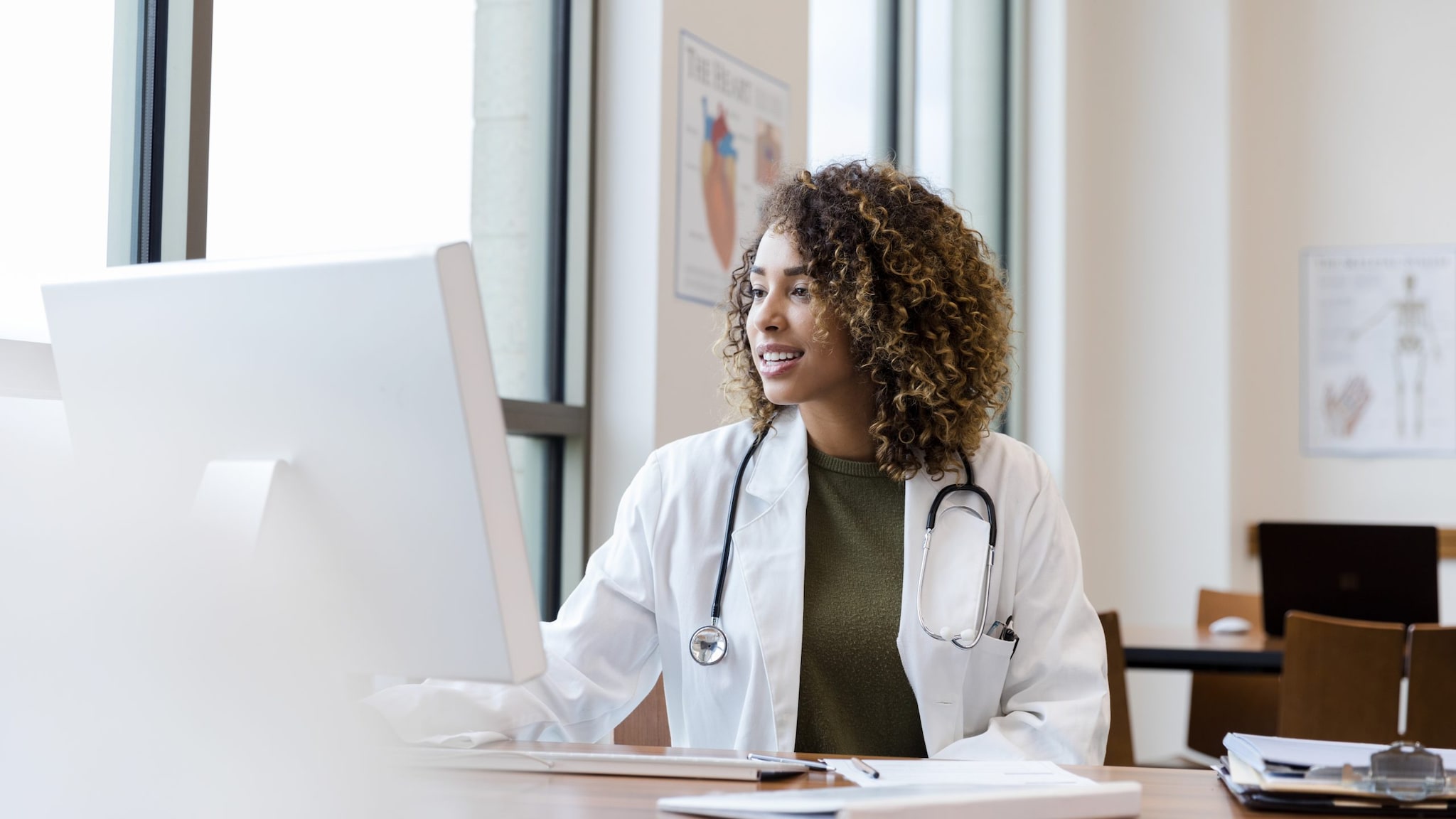 Health care provider using a computer with a large monitor.