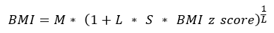 BMI equals sex and age-specific median BMI times the quantity 1 plus the product of the sex- and age-specific Box-Cox power