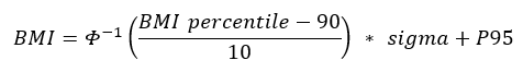 BMI eq inv CDF of stand norm distribute of quote of BMI percent minus 90 divide by 10 multiply by dispers param correspond