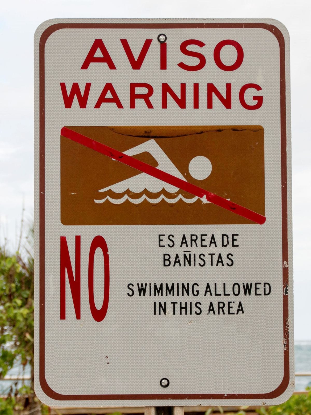 Letrero de advertencia en inglés y español, cerca de un cuerpo de agua, que dice: "Aviso. Warning. No es área de bañistas. No swimming allowed in this area."