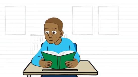 Animated Black boy at desk reading a book