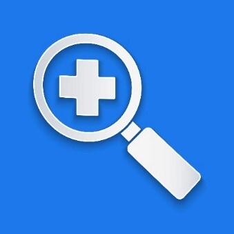 Magnifying glass overlying medical cross symbol