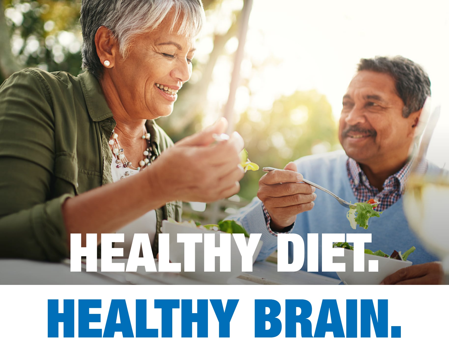 Older adult couple enjoying a salad. Text: Healthy Diet. Healthy Brain.