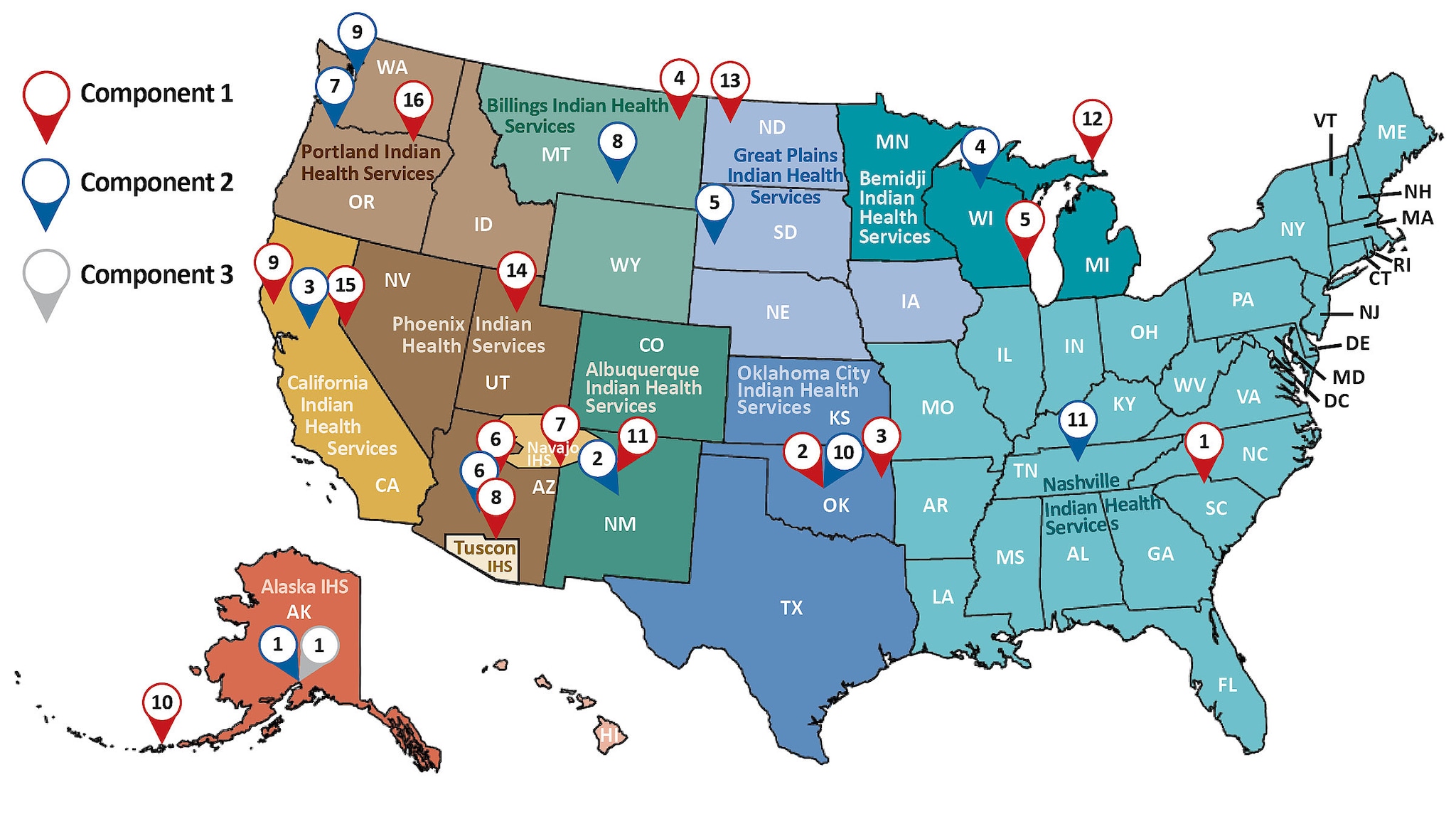 US map showing locations of GHWIC funding recipients for components 1, 2, and 3.