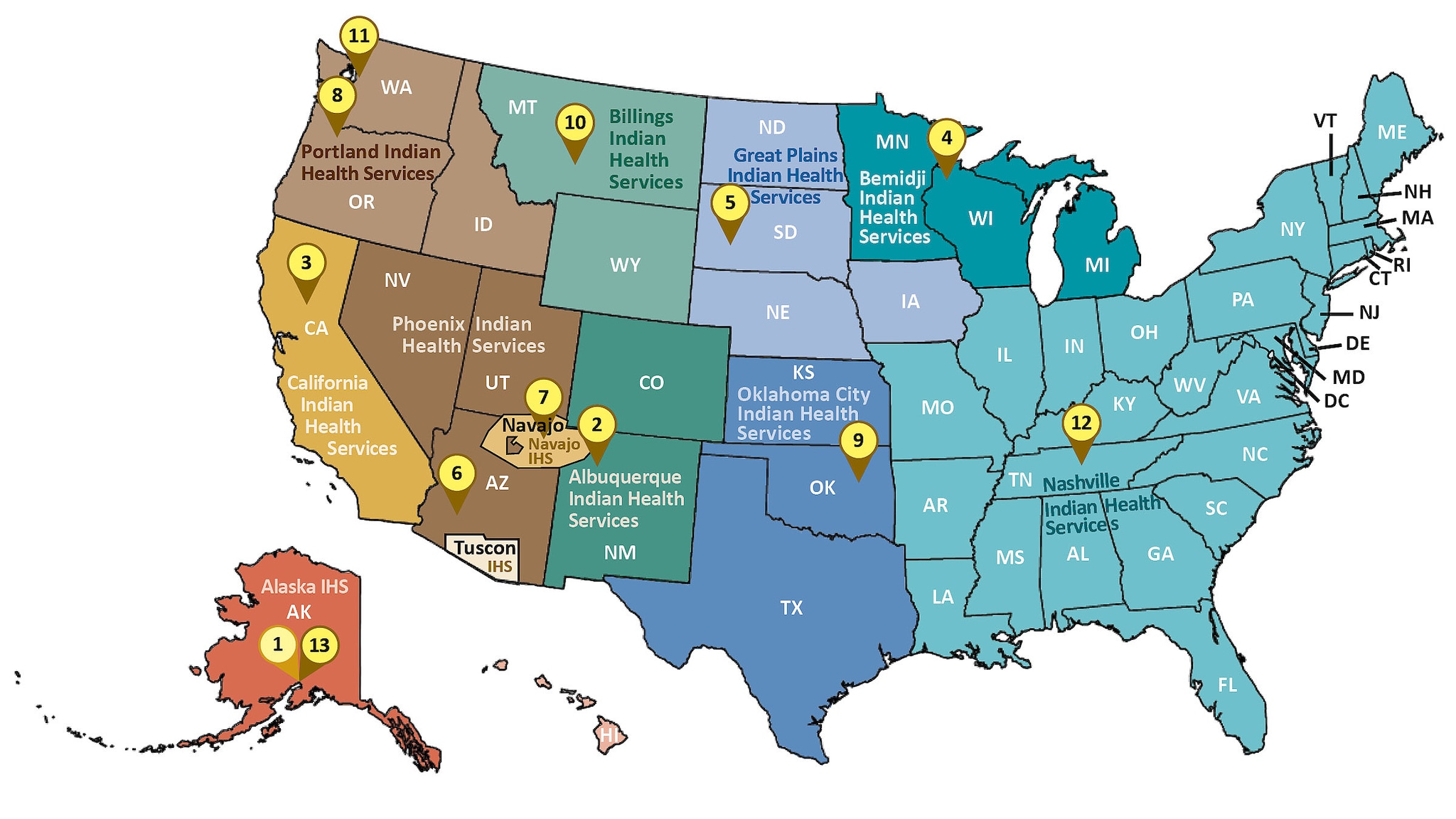 US map showing location of all Tribal Epidemiology Centers, as well as color coding showing the IHS territories.