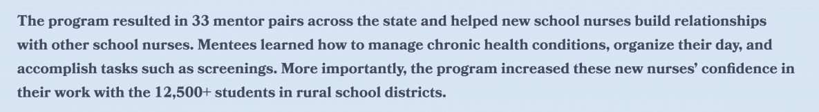 The program resulted in 33 mentor pairs across the state and helped new school nurses build relationships  with other school nurses. Mentees learned how to manage chronic health conditions, organize their day, and  accomplish tasks such as screenings. More importantly, the program increased these new nurses’ confidence in  their work with the 12,500+ students in rural school districts.