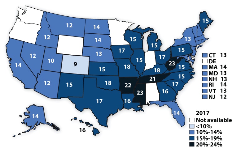 Percentage of high school students who had obesity,*2017 Map image