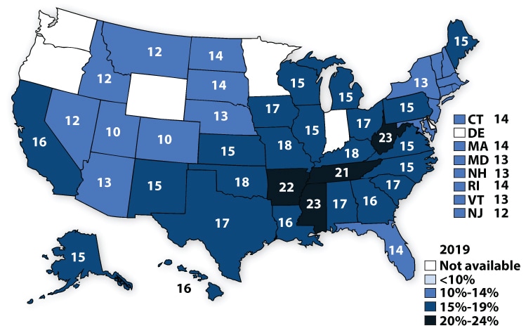 Percentage of high school students who had obesity,*2019 Map image