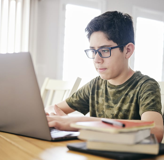 Male student learning via laptop at home